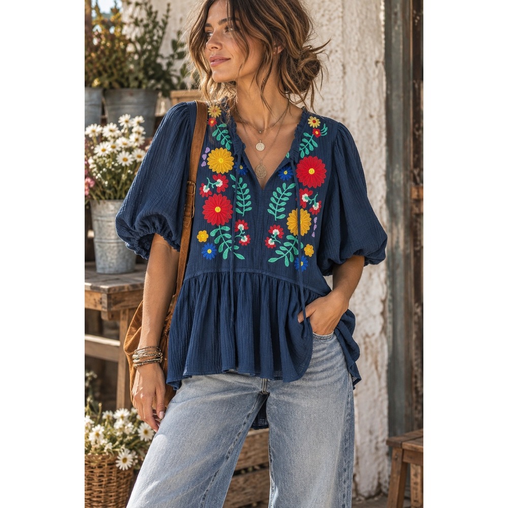 Umgee Embroidered Floral Peasant Blouse Large Navy Boho Cottagecore Babydoll Top